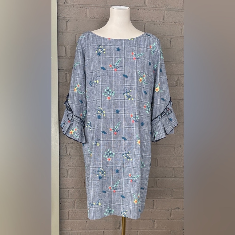 Sara Campbell blue plaid embroidered ruffle sleeve L